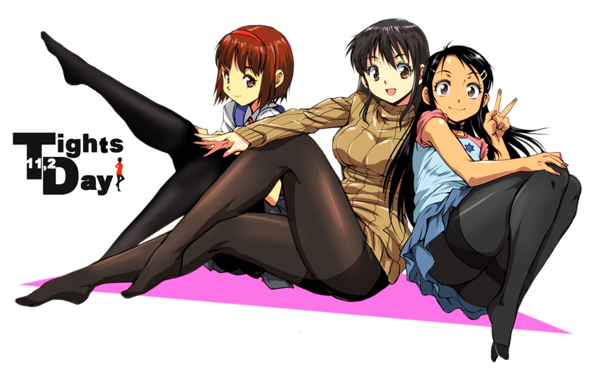 3girls :d armpit_peek black_hair black_legwear blush breasts brown_eyes choker commentary_request hair_ornament hairband hairclip headband_girl_(kamisimo_90) kamisimo_90 large_breasts legs long_hair looking_at_viewer multiple_girls open_mouth original pantyhose plantar_flexion red_hair revision ribbed_sweater short_hair simple_background skirt smile sweater sweater_girl_(kamisimo_90) tanned_girl_(kamisimo_90) thighband_pantyhose tights_day v white_background