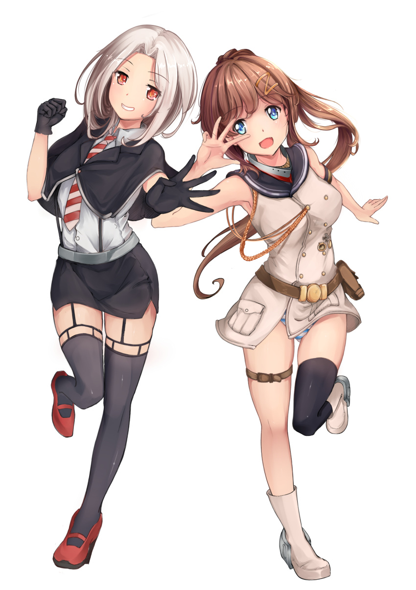 2girls :d absurdres aiguillette armband bad_id bad_pixiv_id bare_shoulders belt belt_pouch black_capelet black_gloves black_legwear black_sailor_collar black_skirt blue_eyes blush brown_belt brown_hair capelet chinese_commentary collar collared_shirt commentary cross dress full_body garter_straps gloves grin hair_ornament high_heels highres iron_cross long_hair looking_at_viewer miniskirt multiple_girls necktie oerba_yun_fang open_mouth outstretched_arm panties pantyshot pencil_skirt ponytail pouch red_eyes red_footwear rhineheim sailor_collar sailor_dress shirt shoes short_hair single_thighhigh skirt smile standing standing_on_one_leg striped_clothes striped_necktie striped_panties suspenders thigh_strap thighhighs underwear very_long_hair vittorio_veneto_(warship_girls_r) warship_girls_r white_background white_footwear white_hair white_shirt z1_leberecht_maass_(warship_girls_r)