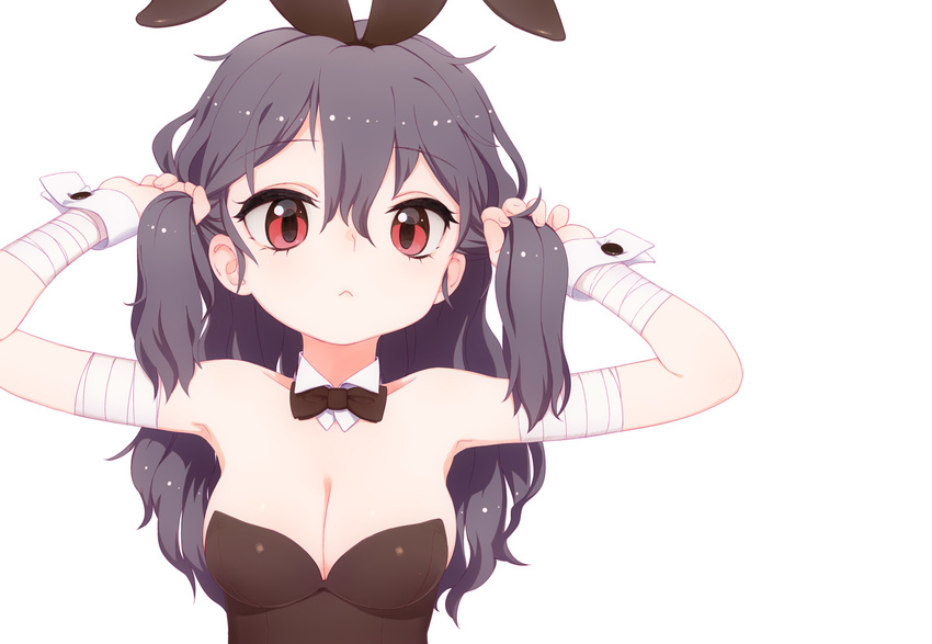 :< animal_ears aratagawa_nikei bandages bare_shoulders black_hair blush bow bowtie breasts cleavage commentary_request detached_collar female kirishima_sagiri long_hair medium_breasts playboy_bunny rabbit_ears red_eyes solo twintails ukagaka wrist_cuffs