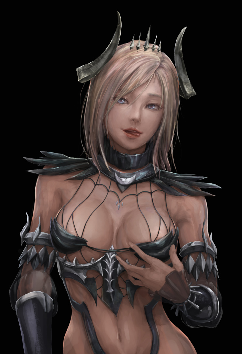 absurdres armor bad_id bad_pixiv_id bikini_armor black_background blonde_hair blue_eyes bracer breasts commentary_request delia_(mabinogi) female highres horns licking_lips lips looking_at_viewer mabinogi mabinogi_heroes medium_breasts naughty_face navel photoshop_(medium) realistic revealing_clothes shoowarke short_hair simple_background solo teeth tiara tongue tongue_out upper_body