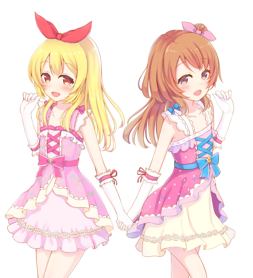 2girls :d aikatsu! aikatsu!_(series) bare_shoulders blonde_hair blue_bow blush bow brown_eyes brown_hair collarbone commentary_request dress elbow_gloves gloves hair_bun hair_ribbon hands_up highres holding_hands hoshimiya_ichigo long_hair looking_at_viewer makiaato multiple_girls open_mouth ozora_akari partial_commentary pink_bow pink_dress pink_ribbon red_ribbon ribbon sidelocks simple_background single_hair_bun single_side_bun sleeveless sleeveless_dress smile very_long_hair white_background white_gloves