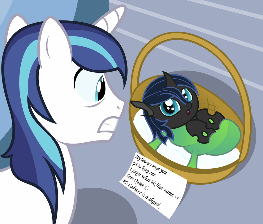 2014 absurd_res arthropod bad_parenting badumsquish basket blue_eyes blue_hair changeling container duo english_text equid equine friendship_is_magic hair hasbro hi_res hole_(anatomy) horn letter male mammal multicolored_hair my_little_pony mythological_creature mythological_equine mythology shining_armor_(mlp) text unicorn