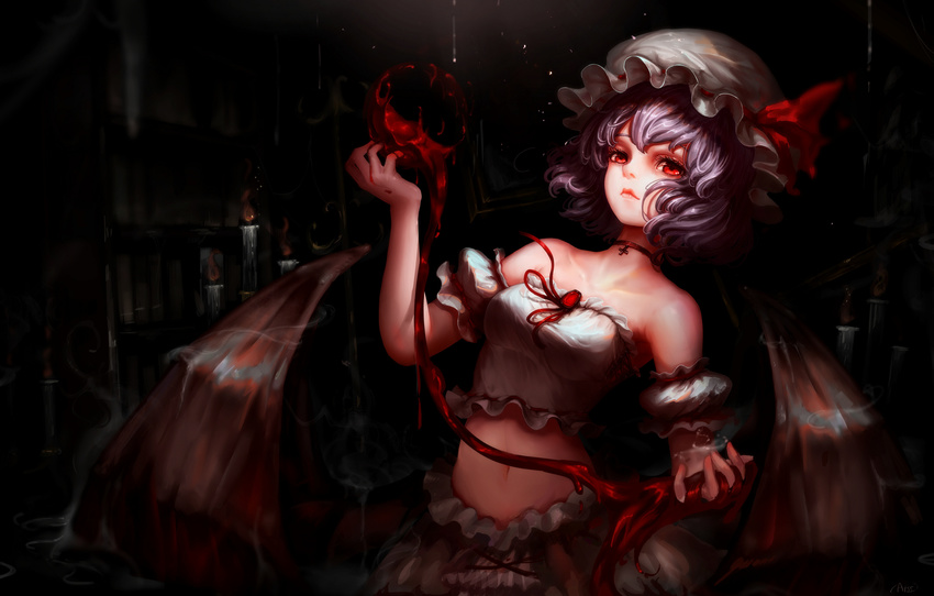 adapted_costume arm_garter bare_shoulders blood bloomers bob_cut book bookshelf breasts brooch candle choker commentary_request cross dark dark_background expressionless eyelashes female frills hat hat_ribbon hemokinesis highres jewelry kiyomasa_ren lips looking_at_viewer low_wings midriff mob_cap navel red_eyes red_ribbon remilia_scarlet ribbon short_hair small_breasts solo strapless touhou tube_top underwear wings