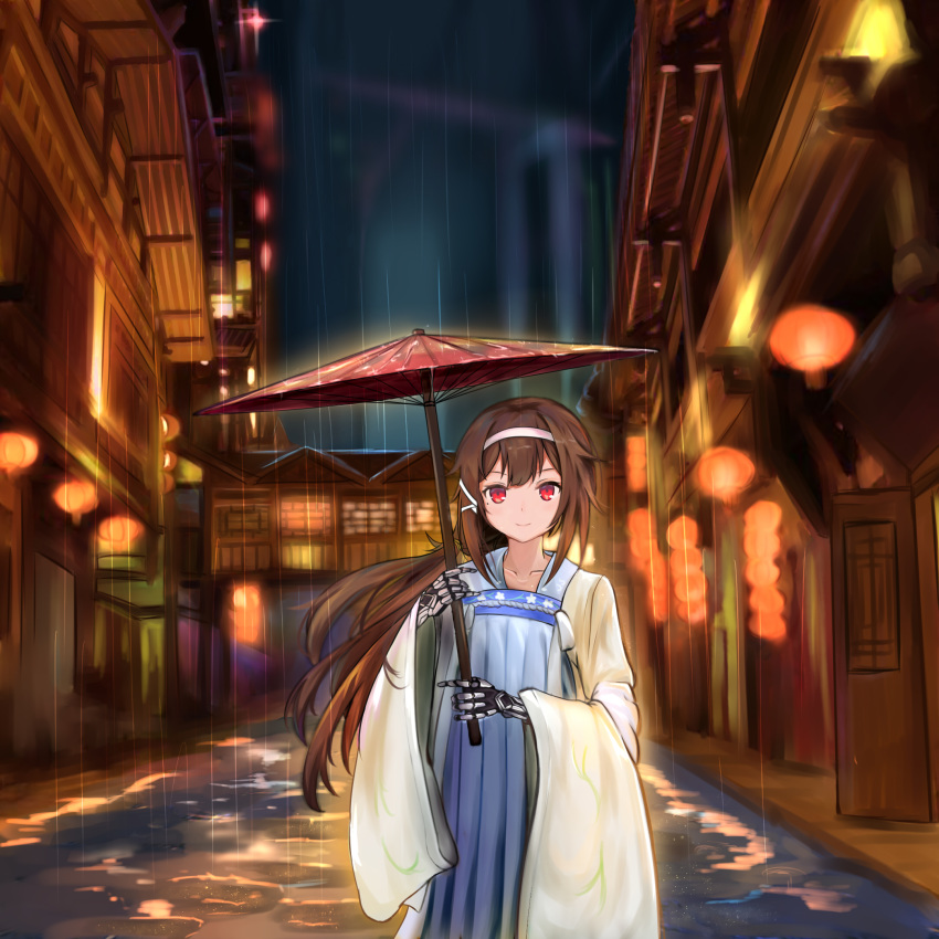 android brown_hair chinese_clothes chinese_commentary commentary_request female girls'_frontline hairband hanfu highres js_9_(girls'_frontline) long_hair looking_at_viewer low-tied_long_hair mechanical_arms mole mole_under_eye outdoors rain red_eyes sechka smile umbrella