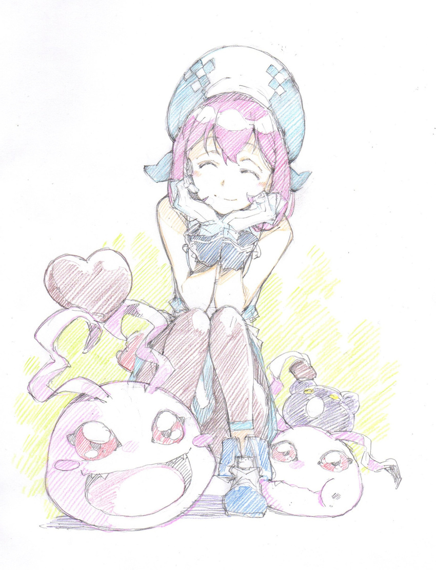 absurdres beret black_legwear blush botamon candy chocolate closed_eyes commentary_request creature digimon digimon_(creature) digimon_linkz female food gloves hat heart heart-shaped_chocolate highres koromon kurihara_hina leggings oerba_yun_fang open_mouth pink_hair red_eyes shoes short_hair smile squatting t-okada traditional_media white_gloves yellow_eyes