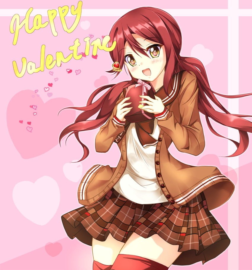 blush brown_eyes jacket long_hair love_live!_sunshine!! red_hair sakurauchi_riko seifuku smile twintails valentines