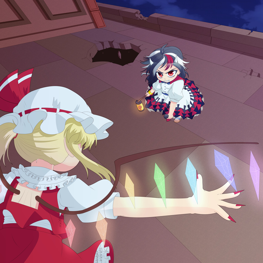 2girls ann_momitsu black_hair blonde_hair commentary_request doll fingernails flandre_scarlet frilled_skirt frills grin hat highres horns impossible_spell_card kijin_seija lantern long_fingernails mob_cap multicolored_hair multiple_girls nail_polish open_hand paper_lantern puffy_short_sleeves puffy_sleeves red_eyes sharp_fingernails short_hair short_sleeves skirt small_horns smile streaked_hair touhou vest white_horns wings