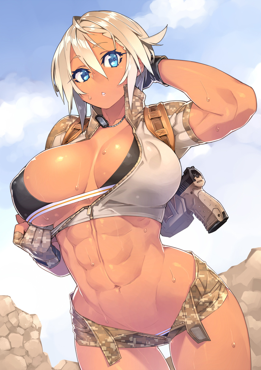 23_(real_xxiii) :< abs blonde_hair blue_eyes breasts camouflage camouflage_shorts cloud commentary_request covered_nipples day dog_tags female fingerless_gloves gloves gun handgun highres holster large_breasts muscular navel original puffy_nipples sela_(23) short_hair shorts sky solo sweat sweatdrop walther walther_p99 weapon zipper