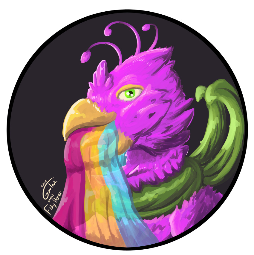 anthro avian avian_feet beak biped bird blue_body clothing feathered_crest feathers fishyboner galliform green_eyes gyro_feather gyrotech head_crest hi_res lgbt_pride male pansexual_pride_colors peafowl phasianid pink_body pride_colors scarf