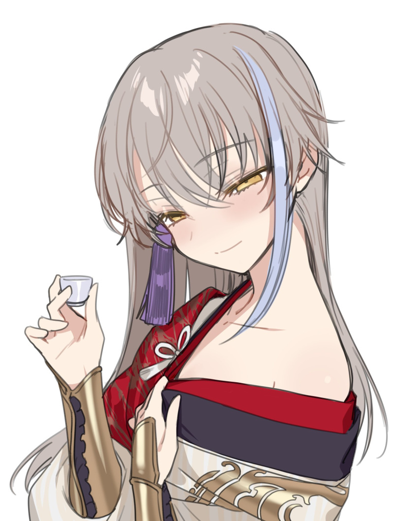 1boy androgynous archer_(fate/samurai_remnant) black_hanfu blush bracer chinese_clothes choko_(cup) commentary cup fate/samurai_remnant fate_(series) grey_hair hair_ornament half-closed_eyes hanfu high_ponytail highres holding holding_cup long_hair looking_at_viewer male_focus meimone multicolored_hair off_shoulder otoko_no_ko ponytail red_hanfu red_robe robe simple_background smile solo streaked_hair symbol-only_commentary tassel tassel_hair_ornament white_background white_hair white_hanfu yellow_eyes