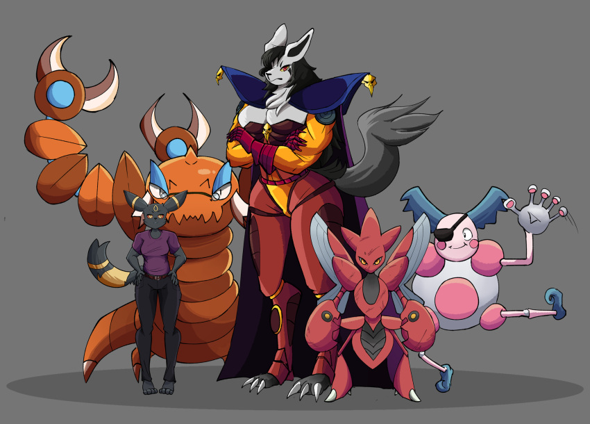 alternate_species anthro armor belt black_body black_fur black_hair bottomwear cape claws clothing crossed_arms crossover dingo_(sonic_underground) drapion eeveelution exoskeleton eye_patch eyewear female fluffy fluffy_tail frown fur generation_1_pokemon generation_2_pokemon generation_3_pokemon generation_4_pokemon gesture glasses gloves group hair half-closed_eyes hands_on_hips handwear hi_res horn hybrid long_ears macopi male mightyena mr._mime multi_leg multi_limb multicolored_body multicolored_fur narrowed_eyes nintendo orange_body orange_exoskeleton pants pincers pink_body pink_skin pokemon pokemon_(species) pupils red_body red_exoskeleton red_eyes rotom scar scizor sega segmented_body sharp_teeth shirt sleet_(sonic_underground) slit_pupils smile sonic_the_hedgehog_(series) sonic_underground story story_in_description tail taur teeth toe_claws topwear umbreon waving white_body white_fur wings yellow_body yellow_eyes yellow_fur