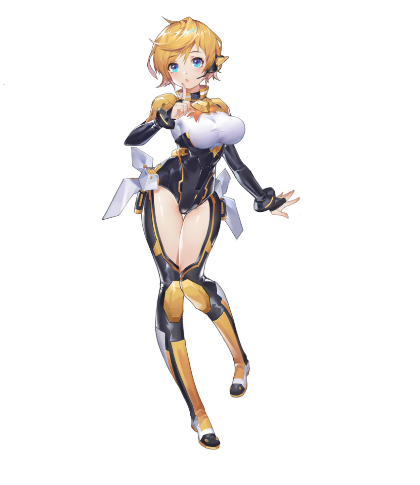 aqua_eyes artist_request black_bodysuit black_sleeves blonde_hair blush bodysuit breasts bridal_gauntlets chalice_(final_gear) clothing_cutout female final_gear full_body headset highres horizontal-striped_collar large_breasts leg_up long_sleeves microphone multicolored_bodysuit multicolored_clothes official_art open_mouth pointing pointing_up short_hair simple_background solo standing standing_on_one_leg tachi-e thigh_cutout third-party_source transparent_background white_stripes yellow_collar