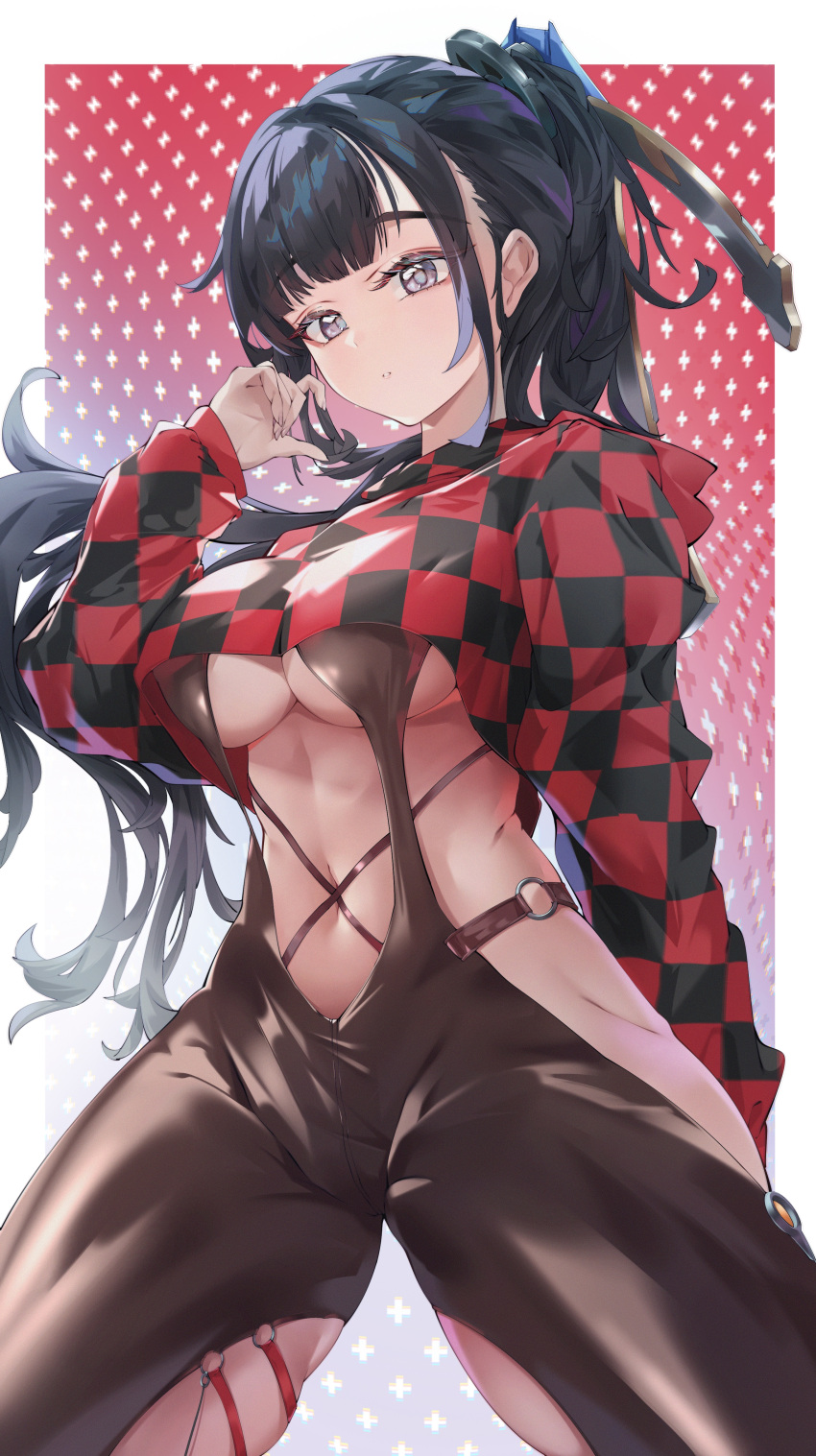 absurdres black_bodysuit black_hair blunt_bangs bodysuit breasts brown_eyes checkered_clothes clothing_cutout cropped_hoodie eve_(stellar_blade) female highres hood hoodie large_breasts long_hair looking_at_viewer luridrumours navel o-ring ponytail racer's_high_(stellar_blade) red_hoodie simple_background solo stellar_blade thighs underboob very_long_hair