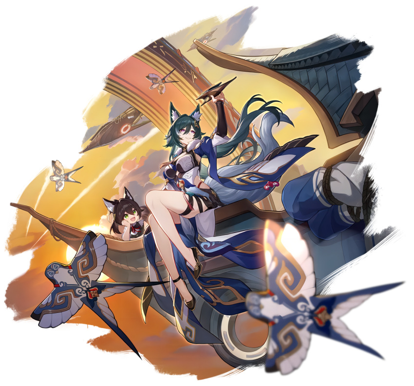 2girls aircraft animal_ear_fluff animal_ears artist_request bare_arms bare_legs black_footwear black_hair black_skirt black_sleeves black_vest blue_sleeves boat breasts brown_hair cloud fox_ears fox_tail full_body fur_scarf grin hair_between_eyes hair_ornament hairclip hand_on_own_cheek hand_on_own_face happy high_heels highres holding honkai:_star_rail honkai_(series) imminent_throw kite large_breasts layered_sleeves leotard long_hair long_sleeves looking_at_object low_twintails microskirt multiple_girls neck_ribbon official_art open_mouth purple_eyes red_ribbon ribbon scarf shirt short_over_long_sleeves short_sleeves side_slit sitting skirt sleeves_past_wrists smile sunset tail teeth thigh_strap third-party_source tingyun_(honkai:_star_rail) transparent_background twintails upper_teeth_only very_long_hair vest watercraft white_leotard white_scarf white_shirt wide_sleeves yukong_(honkai:_star_rail)