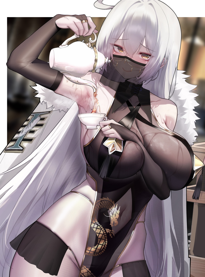 absurdres armpits bare_shoulders black_gloves breasts bridal_gauntlets cup dragon_print elbow_gloves female fur_trim gloves highres holding holding_cup jihua_tong large_breasts long_hair looking_at_viewer mouth_veil navel original see-through smile solo sweat teacup teapot veil very_long_hair white_hair yellow_eyes