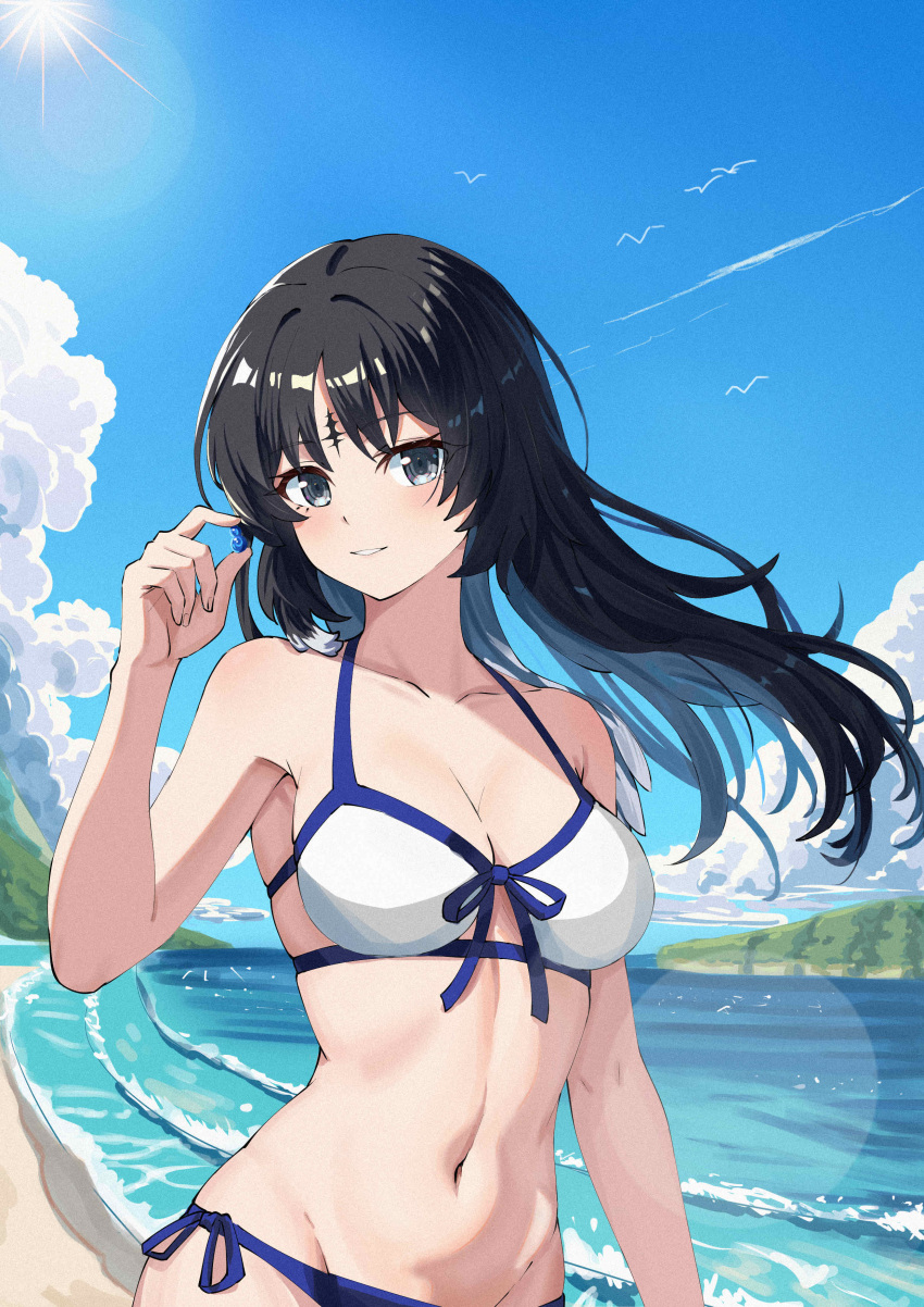 absurdres alternate_costume beach bikini black_hair blue_gemstone blue_sky body_blush breasts chinese_commentary cleavage cloud collarbone commentary facial_mark feather_hair female forehead forehead_mark front-tie_bikini_top front-tie_top gem grey_eyes groin highres holding holding_gem island large_breasts lens_flare li_alter light_blush linea_alba long_hair looking_at_viewer navel ocean outdoors parted_bangs parted_lips shoulder_blush sideways_glance simple_bird sky smile solo stomach sun swimsuit tacet_mark_(wuthering_waves) upper_body waves white_bikini wuthering_waves yangyang_(wuthering_waves)