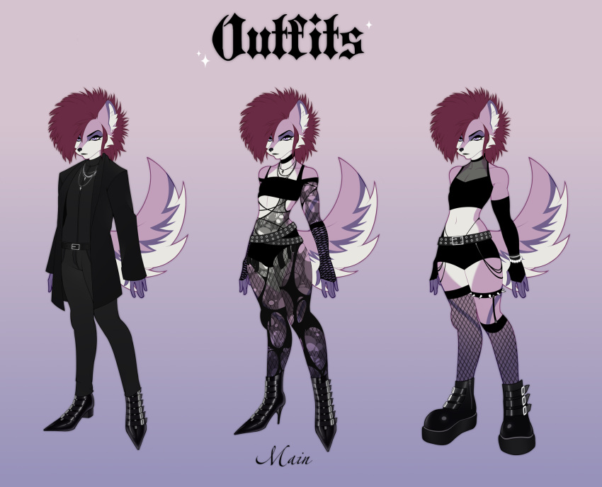 alternative_fashion anthro belt boots bottomwear canid canine clothing crop_top deathhawk ear_tails eyeliner eyeshadow femboy fishnet_clothing fishnet_legwear footwear fox glamfur goth hi_res high_heeled_boots high_heels hotpants j-fashion legwear makeup male mammal mohawk shirt shorts sideburn_mohawk solo studs tail tear_monster topwear trad_goth visual_kei