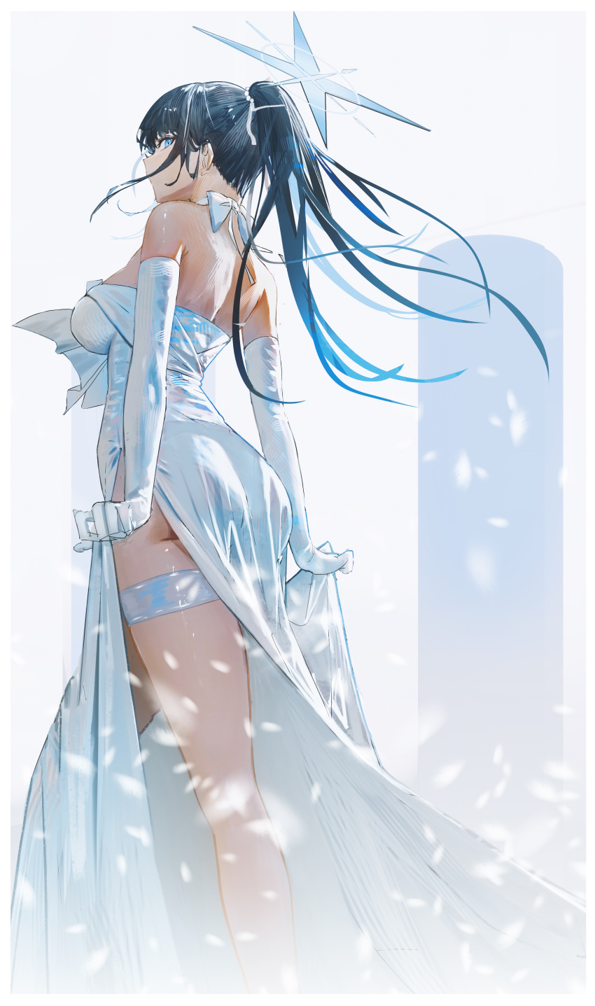 absurdres ass blue_archive blue_halo choker dress elbow_gloves female from_behind ganet_p garter_straps gloves halo highres official_alternate_costume saori_(blue_archive) saori_(dress)_(blue_archive) solo strapless strapless_dress white_choker white_dress white_garter_straps white_gloves