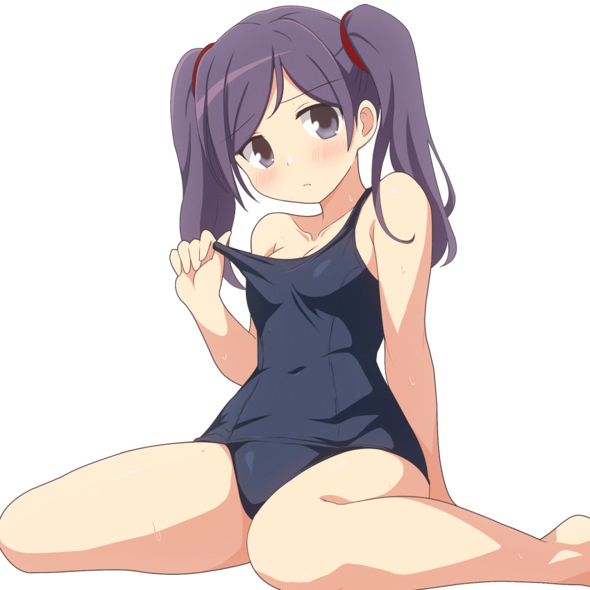 blush breasts cleavage collarbone commentary covered_navel curakuru female grey_eyes highres long_hair looking_at_viewer mega_man_(series) mega_man_battle_network_(series) old_school_swimsuit parted_bangs purple_hair school_swimsuit shuko_kido_(mega_man) simple_background sitting small_breasts solo swimsuit twintails wariza white_background