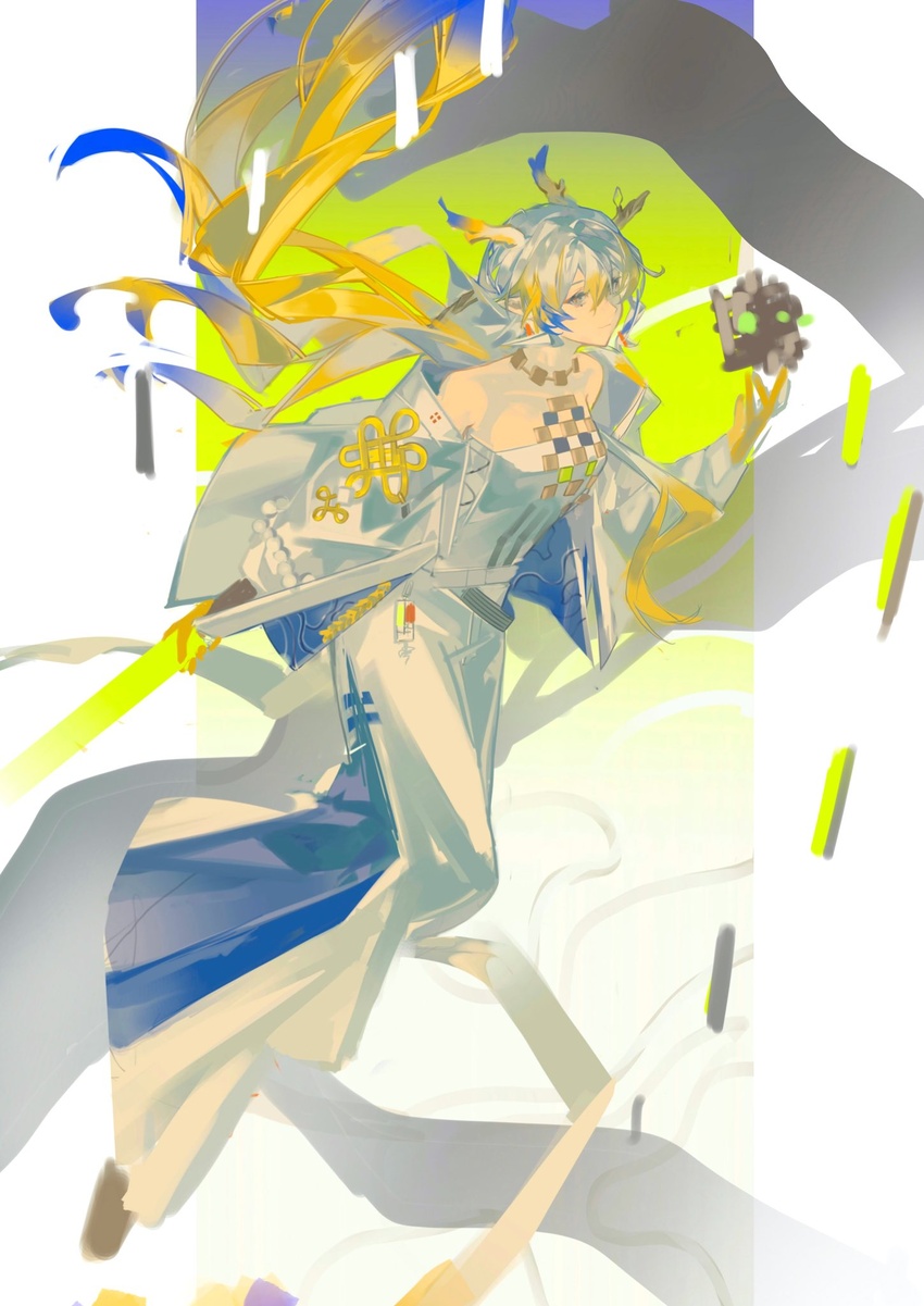 arknights bare_shoulders blonde_hair blue_hair chinese_commentary closed_mouth commentary_request dragon_girl dragon_horns female full_body grey_eyes grey_hair hair_between_eyes highres horns jacket jewelry lin_qing_(phosphorus_1104) long_hair long_sleeves multicolored_hair necklace open_clothes open_jacket pants pointy_ears shu_(arknights) solo strapless tube_top unfinished very_long_hair white_jacket white_pants white_tube_top