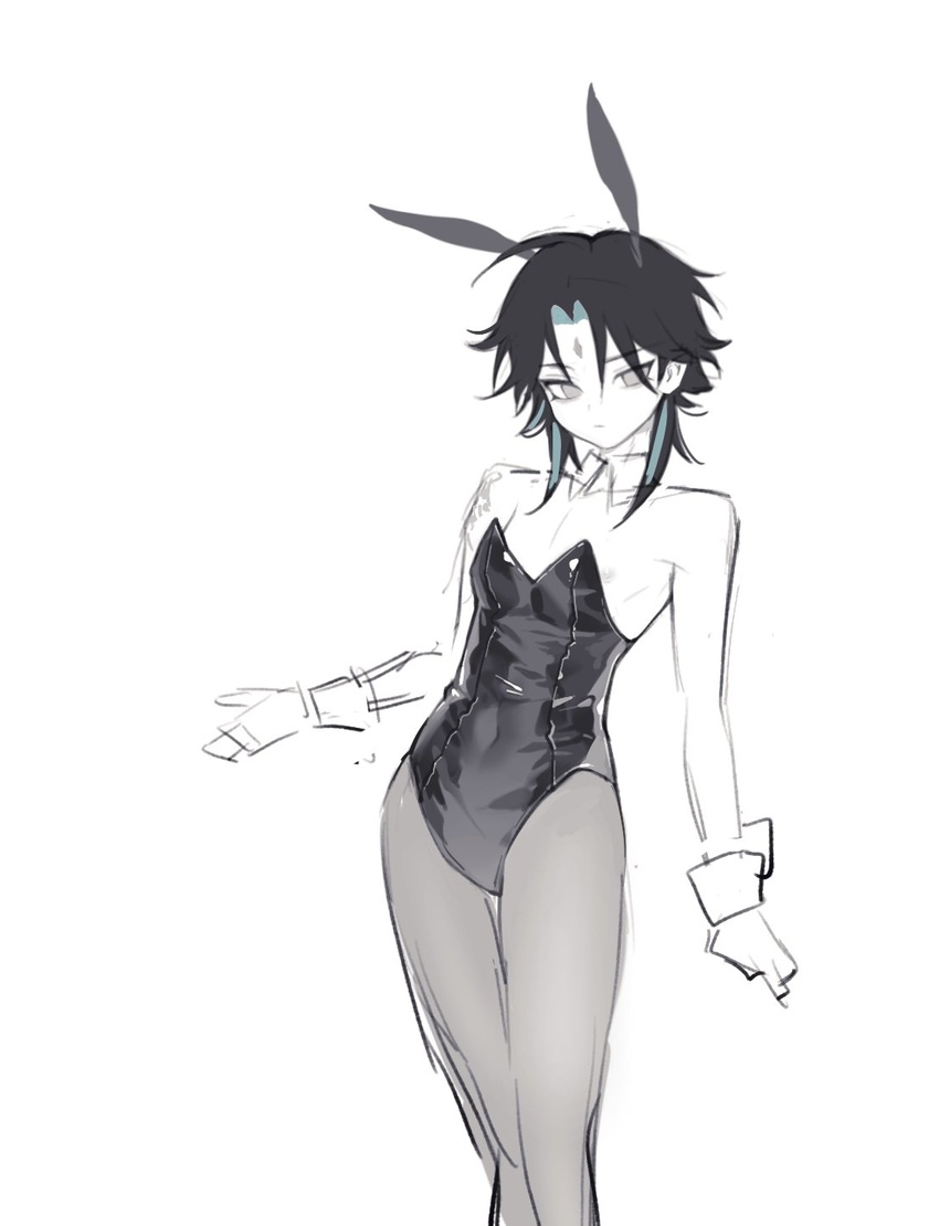 1boy alternate_costume animal_ears black_hair black_leotard closed_mouth covered_navel doupu41 expressionless facial_mark feet_out_of_frame forehead_mark genshin_impact green_hair greyscale highres leotard male_focus male_playboy_bunny monochrome multicolored_hair pantyhose rabbit_ears shiny_clothes shiny_leotard solo spot_color strapless strapless_leotard two-tone_hair white_wrist_cuffs wrist_cuffs xiao_(genshin_impact)