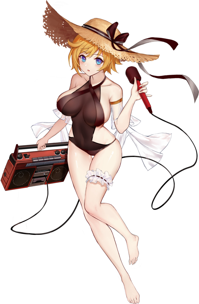 alternate_costume aqua_eyes artist_request bare_legs bare_shoulders barefoot black_one-piece_swimsuit black_ribbon blonde_hair blush boombox breasts bridal_garter brown_hat chalice_(final_gear) collarbone detached_sleeves dress female final_gear full_body halterneck hat hat_ribbon highres holding holding_boombox holding_microphone horizontal-striped_ribbon large_breasts long_sleeves microphone official_alternate_costume official_art one-piece_swimsuit open_mouth ribbon ribbon-trimmed_garter see-through see-through_sleeves sideboob simple_background solo sundress swimsuit tachi-e third-party_source transparent_background white_bridal_garter white_sleeves