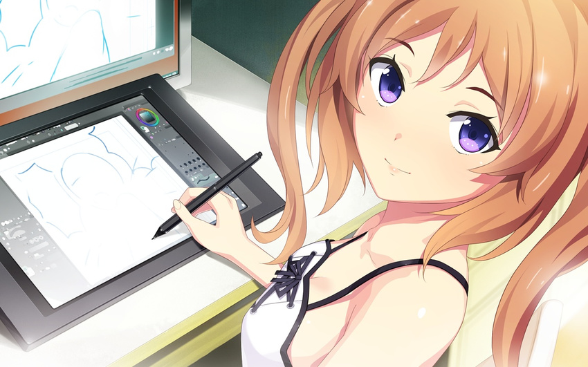 blush breasts cleavage clockup computer drawing ero_manga!_h_mo_manga_mo_step-up female game_cg happy highres ichikura_miu long_hair looking_at_viewer monitor orange_hair purple_eyes sitting small_breasts smile solo table takurou takurou_(mix_fry) twintails