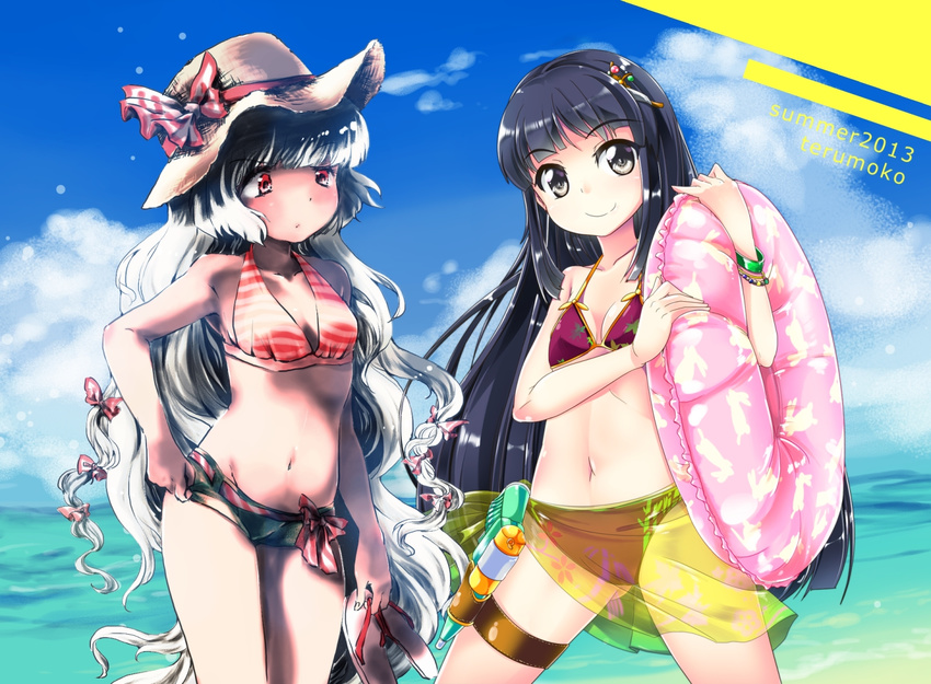 2girls beach bikini black_hair blue_sky bow bracelet branch breasts cloud collaboration commentary_request day fujiwara_no_mokou grey_eyes grey_hair hair_ornament hair_ribbon hairbow hat houraisan_kaguya innertube jeweled_branch_of_hourai jewelry kinosaki long_hair medium_breasts multiple_girls ocean outdoors print_sarong red_eyes ribbon sandals sarong see-through see-through_sarong sky smile sunlight swim_ring swimsuit t.o.d touhou water yellow_sarong