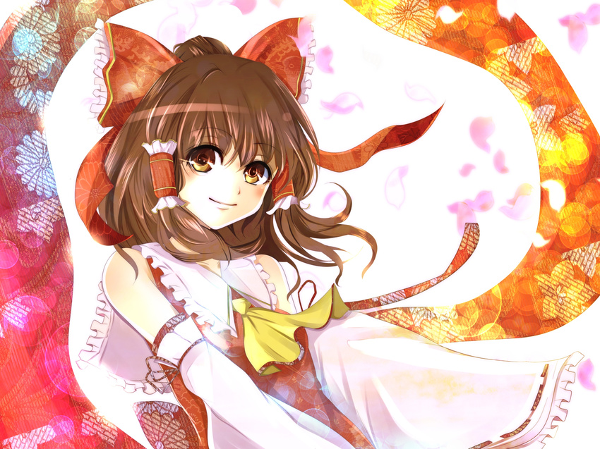 ascot bad_id bad_pixiv_id bare_shoulders blush bow brown_eyes brown_hair detached_sleeves female hair_ribbon hair_tubes hairbow hakurei_reimu highres looking_at_viewer petals ponytail ribbon smile solo touhou upper_body velia