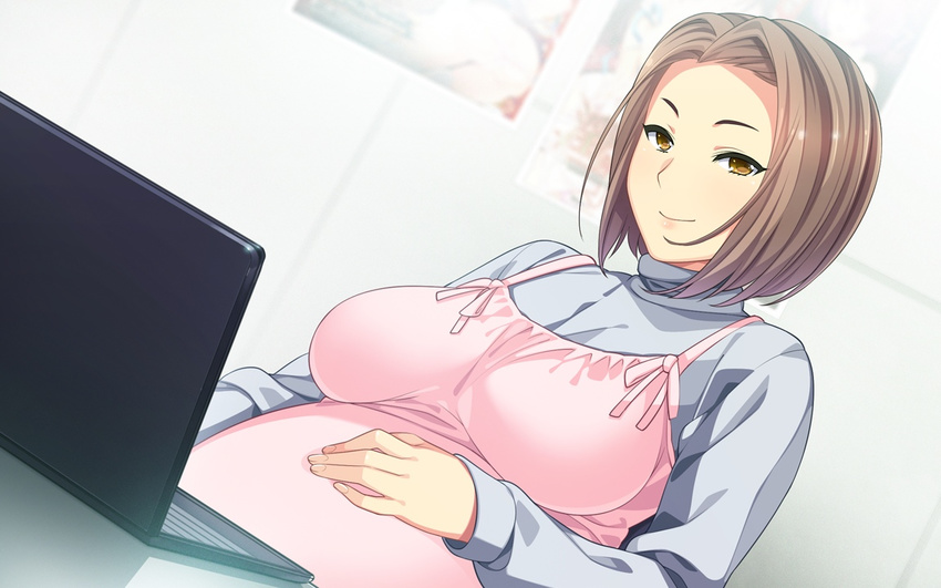 breasts brown_hair clockup computer ero_manga!_h_mo_manga_mo_step-up female game_cg happy highres huge_breasts kashiwagi_benio looking_at_viewer mario_(artist) pregnant short_hair sitting smile solo table yellow_eyes