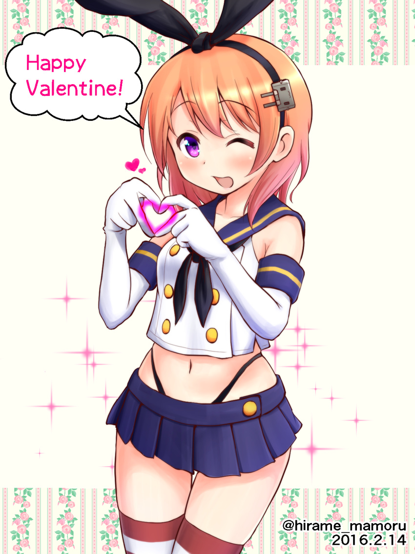 4-fingers_heart_hands ;d blue_skirt commentary cosplay crossover dated elbow_gloves female gloves gochuumon_wa_usagi_desu_ka? hairband happy_valentine heart heart_hands highres hirame_guard hoto_cocoa kantai_collection looking_at_viewer navel one_eye_closed open_mouth orange_hair purple_eyes rensouhou-chan sakura_ayane shimakaze_(kancolle) shimakaze_(kancolle)_(cosplay) skirt smile solo speech_bubble striped_clothes striped_thighhighs thighhighs valentine voice_actor_connection white_gloves