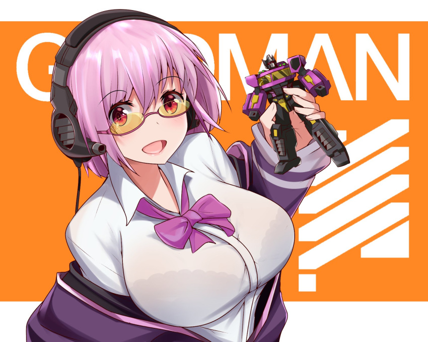 altronage bad_id bad_twitter_id bow breasts collared_shirt commentary crossover english_text female glasses gridman_universe headphones highres inactive_account jacket large_breasts light_purple_hair looking_over_eyewear optimus_prime_(shattered_glass) purple_jacket red_eyes robot school_uniform shinjou_akane shirt short_hair ssss.gridman tinted_eyewear title transformers transformers_shattered_glass white_shirt yellow-tinted_eyewear