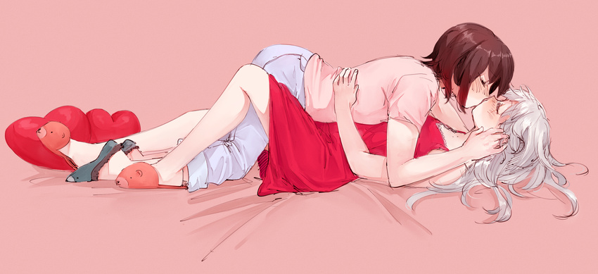 2girls animal_slippers bed_sheet brown_hair chadolbaegi closed_eyes commentary_request couple cowgirl_position dress full_body hand_on_another's_face heart heart-shaped_pillow highres kissing long_hair lying multiple_girls on_back on_stomach pants pillow pink_background pink_shirt red_dress ruby_rose rwby shirt short_hair sleeveless sleeveless_dress slippers t-shirt weiss_schnee white_hair yuri