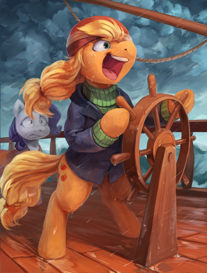 applejack_(mlp) audrarius blonde_hair blonde_mane blue_hair blue_mane bottomless clenched_teeth clothed clothed_feral clothing coat cutie_mark determined duo earth_pony equid equine female feral friendship_is_magic fur green_eyes hair hasbro hat headgear headwear hi_res horse mammal mane my_little_pony open_mouth orange_body orange_fur pink_tongue pony raining rarity_(mlp) ship shirt solo_focus storm sweater teeth tongue topwear vehicle watercraft white_body white_fur wide_eyed