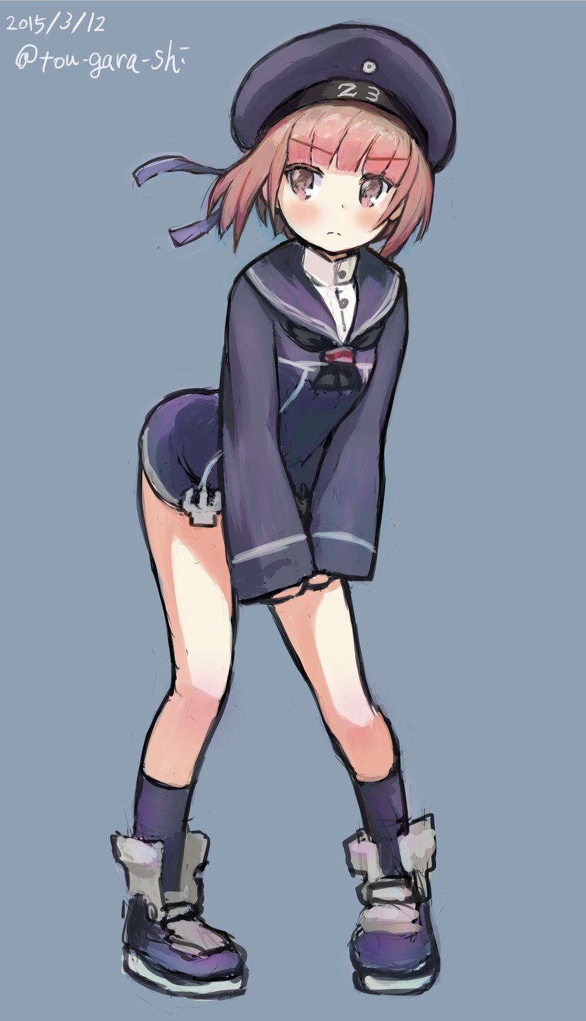 bad_id bad_pixiv_id blush clothes_writing commentary_request dated female frown full_body hat highres kantai_collection karashi_(tou_gara_shi) leaning_forward long_sleeves looking_away neckerchief pink_eyes red_hair sailor_collar sailor_hat short_hair simple_background solo standing twitter_username z3_max_schultz_(kancolle)