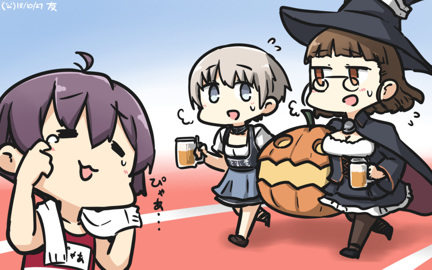 3girls alcohol alternate_costume beer black_cape black_dress black_legwear blue_eyes blunt_bangs brown_eyes brown_hair cape closed_eyes commentary_request dated dirndl dress full_body german_clothes glasses grey_hair hamu_koutarou hat highres jack-o'-lantern kantai_collection multiple_girls one-hour_drawing_challenge pantyhose pince-nez pumpkin purple_hair roma_(kancolle) sakawa_(kancolle) short_hair tears towel upper_body wavy_hair witch_hat z1_leberecht_maass_(kancolle) z1_leberecht_maass_(oktoberfest_mode)_(kancolle)