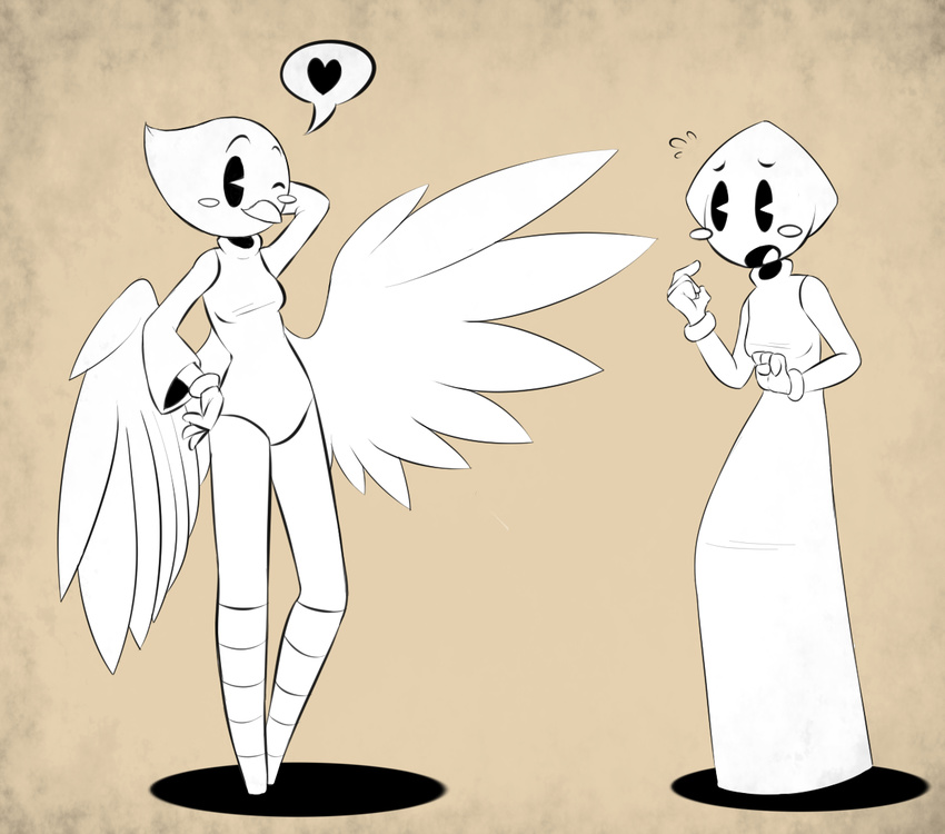 anthro avi_(nekuzx) avian beak blush calami_(nekuzx) cephalopod clothed clothing coleoid decapodiform dress duo eyebrows feathered_wings feathers female hand_behind_head hand_on_hip heart_symbol humanoid_hands marine mollusk nekuzx open_mouth pose restricted_palette simple_background slim smile standing tan_background wings wristband