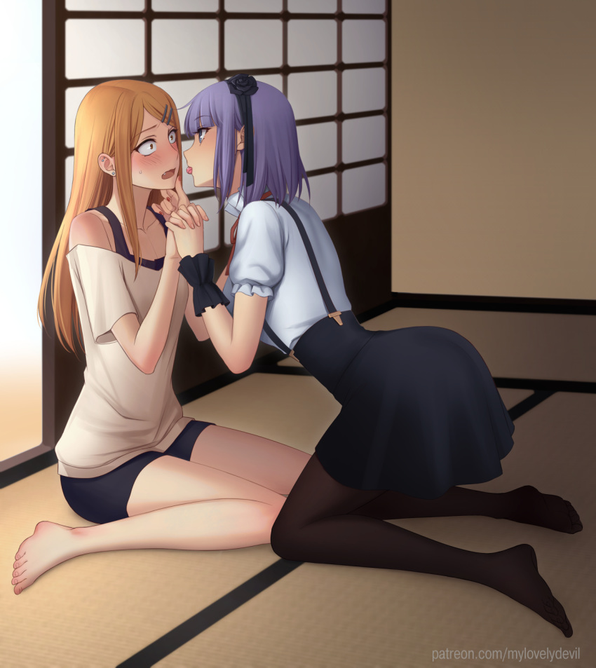 2girls barefoot black_skirt blush brown_hair candy commentary_request dagashi_kashi ear_piercing endou_saya eye_contact food food_in_mouth hair_ornament hairclip hand_on_another's_chin highres holding_hands imminent_kiss leaning_forward long_hair long_skirt looking_at_another multiple_girls mylovelydevil nail_polish oerba_yun_fang open_mouth pantyhose piercing purple_hair shared_food shidare_hotaru short_hair sitting skirt suspender_skirt suspenders wariza yuri