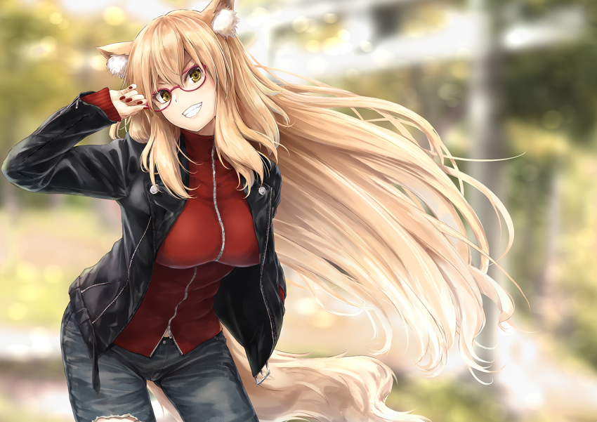 :d adjusting_eyewear animal_ear_fluff animal_ears arm_up black_jacket blonde_hair blurry blurry_background blush breasts commentary_request contemporary cowboy_shot day denim depth_of_field fate/grand_order fate_(series) female fingernails floating_hair fox_ears fox_girl fox_tail glasses grin hand_in_pocket head_tilt jacket jeans large_breasts leaning_forward leather leather_jacket lipstick long_fingernails long_hair long_sleeves looking_at_viewer makeup nail_polish open_clothes open_jacket open_mouth outdoors pants pink_lips red-framed_eyewear red_jacket red_nails smile solo suien suzuka_gozen_(fate) suzuka_gozen_(traveling_outfit)_(fate) tail teeth very_long_hair wind yellow_eyes zipper