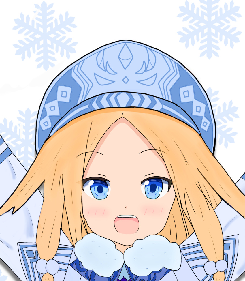 :d abigail_williams_(fate) absurdres ainu_clothes arms_up atsumisu bad_id bad_pixiv_id blonde_hair blue_eyes blue_hat blush commentary_request cosplay fate/grand_order fate_(series) female forehead fur_collar hair_bobbles hair_ornament hat highres illyasviel_von_einzbern long_hair looking_at_viewer open_mouth parted_bangs simple_background sitonai_(fate) sitonai_(fate)_(cosplay) sitonai_(third_ascension)_(fate) smile snowflake_background solo teeth upper_body upper_teeth_only white_background