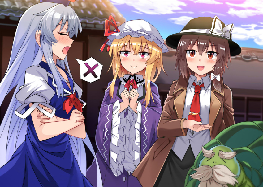 3girls :d beard black_hat black_skirt blonde_hair blue_dress blue_hat blue_sky blush bow breasts brooch brown_coat brown_eyes brown_hair clenched_hands closed_eyes cloud coat commentary_request cowboy_shot crossed_arms day dress e.o. facial_hair fedora frilled_shirt_collar frilled_sleeves frills genjii_(touhou) grey_hair hair_between_eyes hairbow hat hat_bow hat_ribbon human_village_(touhou) jewelry kamishirasawa_keine long_hair long_sleeves looking_at_viewer maribel_hearn mob_cap moustache multiple_girls neck_ribbon neckerchief necktie open_clothes open_coat open_mouth outdoors pink_eyes profile puffy_short_sleeves puffy_sleeves purple_dress red_neckerchief red_necktie red_ribbon ribbon shirt short_hair short_sleeves sidelocks skirt sky small_breasts smile spoken_x standing thick_eyebrows touhou touhou_(pc-98) turtle usami_renko very_long_hair white_bow white_hat white_shirt wide_sleeves wing_collar