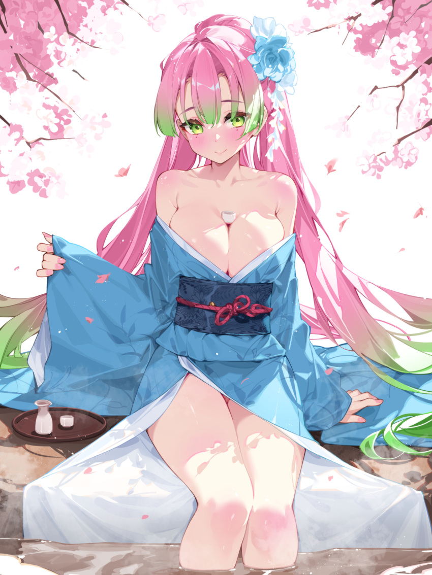 areola_slip armpit_crease bare_shoulders blue_flower blue_kimono blue_sash blush breasts bust_cup cherry_blossoms cleavage closed_mouth collarbone cup english_commentary female fingernails flower gradient_hair green_eyes green_hair hair_between_eyes hair_flower hair_ornament high_ponytail highres japanese_clothes kanroji_mitsuri kimetsu_no_yaiba kimono knees large_breasts long_hair long_sleeves looking_at_viewer mixed-language_commentary mole mole_under_each_eye mole_under_eye multicolored_hair multiple_moles nail_polish pink_hair pink_nails revision sakazuki sash sitting sleeves_past_wrists smile soaking_legs solo thighs tokkuri tray tree two-tone_hair very_long_hair waterring wide_sleeves yukata