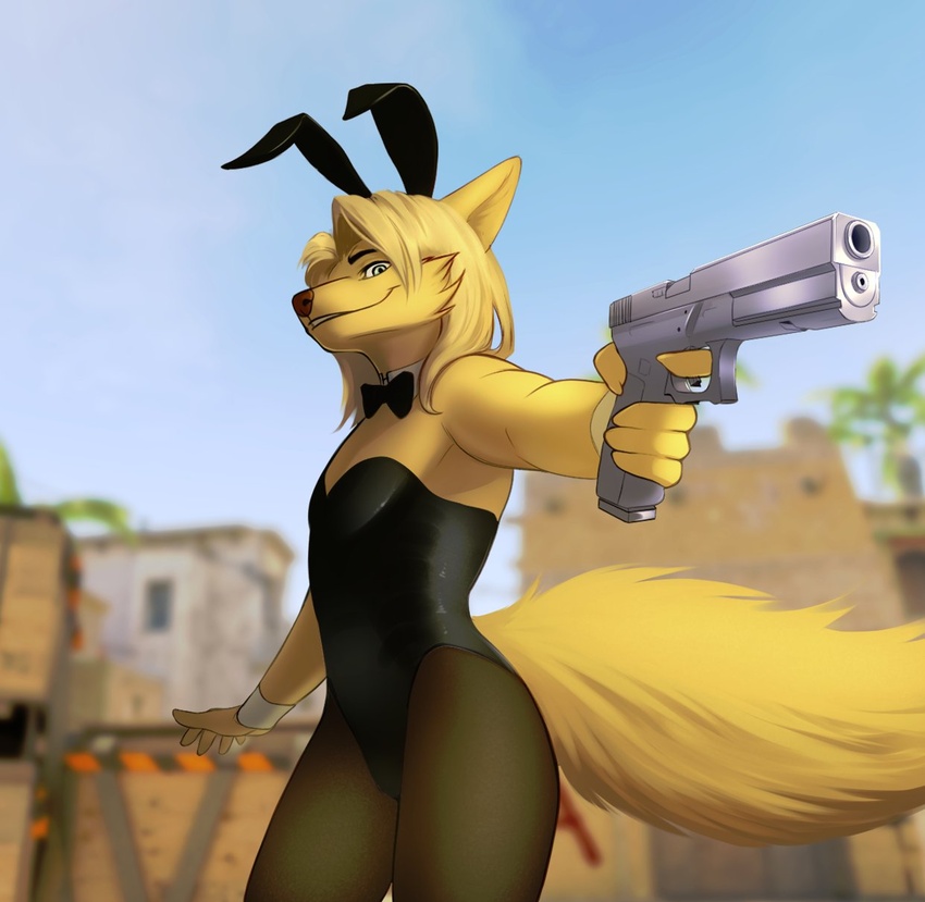 anthro bunny_costume canid canine clothed clothing costume counter_strike:_global_offensive crossdressing esc_the_fox escalation fake_ears fake_rabbit_ears femboy fox gun hi_res male mammal ranged_weapon weapon