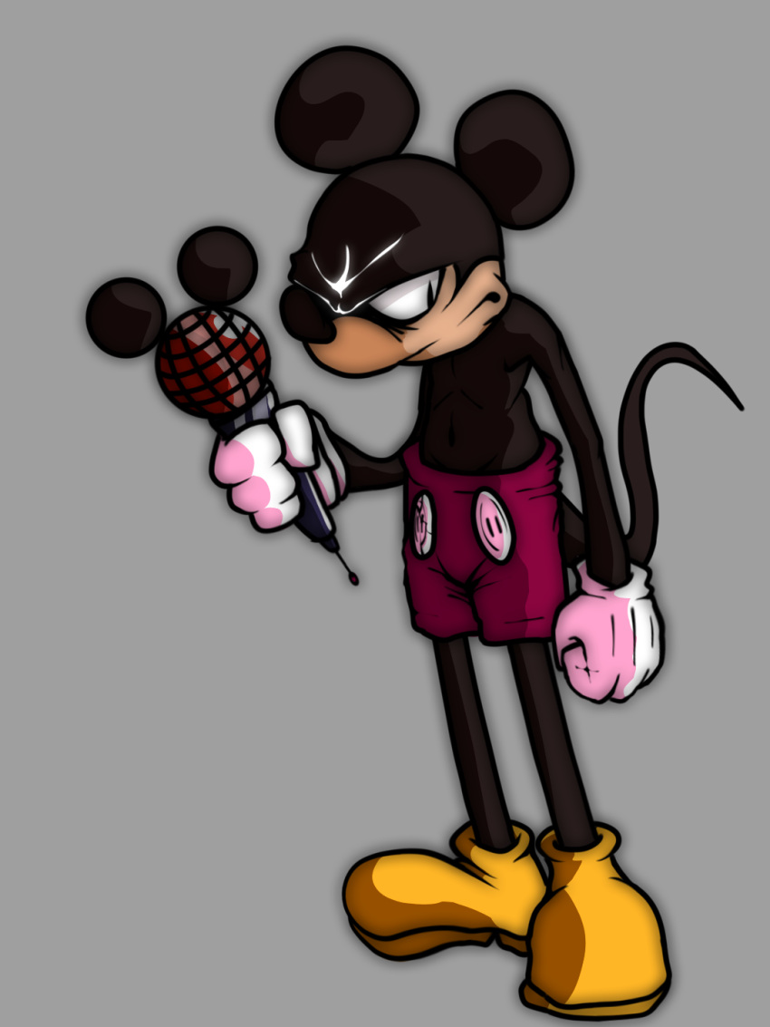 angry black_body black_eyes black_fur black_nose bottomwear clothing disney electronics footwear friday_night_funkin' fur gloves handwear hi_res mako114 male mammal marko_(vs._mouse) mickey_mouse microphone mouse mouse_tail murid murine red_bottomwear red_clothing red_shorts rodent shoes shorts solo vs_mouse yellow_clothing yellow_footwear yellow_shoes