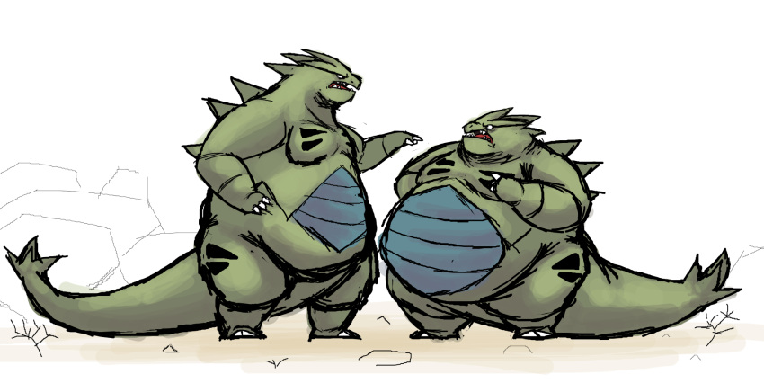 2023 angry anthro argument belly bickering big_belly comerboy75 duo generation_2_pokemon gesture hand_gesture hi_res male male/male nintendo obese obese_anthro obese_male overweight overweight_anthro overweight_male pointing pointing_at_another pokemon pokemon_(species) simple_background size_difference tail tyranitar