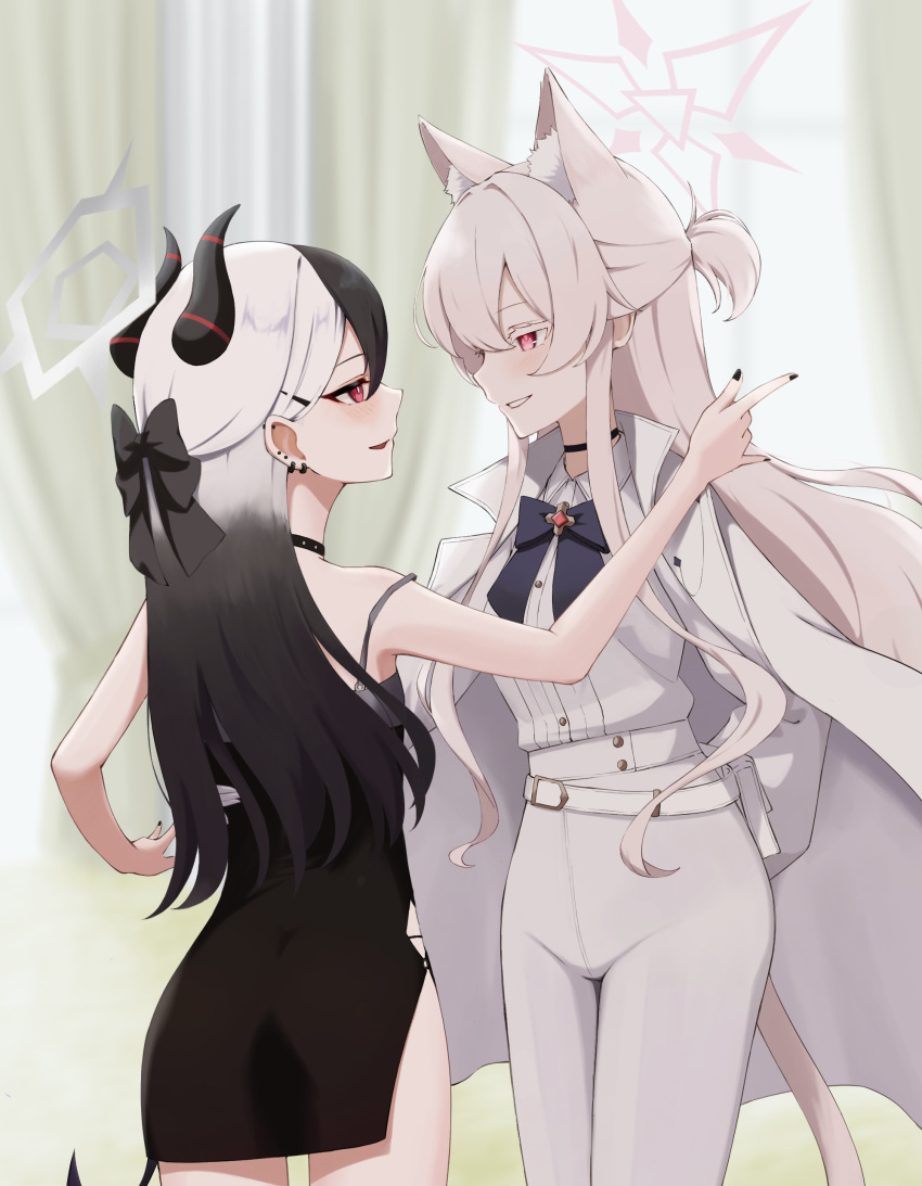 2girls absurdres akira_(blue_archive) animal_ear_fluff animal_ears black_choker black_dress black_hair black_horns black_nails black_wings blue_archive blush cat_ears cat_tail choker coat coat_on_shoulders demon_horns demon_wings dress earrings fingernails grey_halo grin hair_between_eyes halo highres horns jewelry kayoko_(blue_archive) kayoko_(dress)_(blue_archive) long_hair long_sleeves multicolored_hair multiple_girls nail_polish official_alternate_costume open_mouth pants pink_halo red_eyes shiroiurushi shirt single_wing sleeveless sleeveless_dress smile tail white_coat white_hair white_pants white_shirt wings