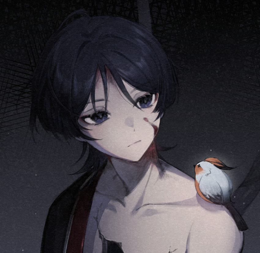 1boy ahoge bird black_hair black_shirt blood blood_on_face blunt_ends broken_skin cable closed_mouth collarbone eyeshadow feathered_wings genshin_impact grey_background grey_feathers hair_between_eyes half-closed_eyes highres looking_to_the_side makeup male_focus nekomi_0 no_headwear open_clothes open_shirt purple_eyes red_eyeshadow scaramouche_(genshin_impact) shirt short_hair short_sleeves simple_background single_bare_shoulder solo upper_body wings