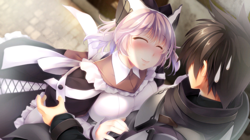 1boy ^_^ apron armor atelier-moo black_hair blush breasts closed_eyes embarrassed female frilled_apron frills highres hug ibis_(our_battle_has_just_begun!) large_breasts long_sleeves looking_up maid maid_apron oma_(our_battle_has_just_begun!) open_mouth our_battle_has_just_begun! puffy_long_sleeves puffy_sleeves short_hair smile standing sweatdrop white_apron