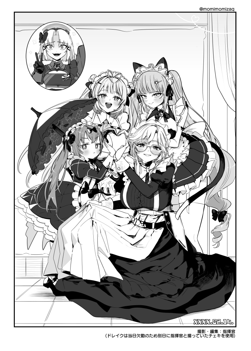 5girls :< absurdres ade_(nikke) animal_ears antenna_hair apron ascot asymmetrical_bangs bell blush border bow bowtie breasts cat_ears cat_tail choker cleavage cleavage_cutout closed_mouth clothing_cutout cocoa_(nikke) commentary double_bun drake_(maid_for_villain)_(nikke) drake_(nikke) dress fake_animal_ears fake_tail fangs flat_chest frilled_umbrella frills full_body glasses goddess_of_victory:_nikke greyscale hair_bun hair_ornament hair_ribbon hairbow hairclip heart_hands_quartet highres holding holding_umbrella indoors inset jingle_bell juliet_sleeves large_breasts layered_skirt long_hair long_sleeves looking_at_viewer maid maid_apron maid_for_you_(nikke) maid_headdress mole mole_on_breast monochrome multiple_girls neck_bell neck_ribbon nikumanman open_mouth parasol parted_bangs parted_lips paw_hair_ornament pleated_skirt privaty_(nikke) privaty_(unkind_maid)_(nikke) puffy_sleeves ribbon short_hair skirt small_breasts smile soda_(nikke) sparkling_eyes squatting standing tail tile_floor tiles tress_ribbon twintails twitter_username umbrella v wrist_cuffs