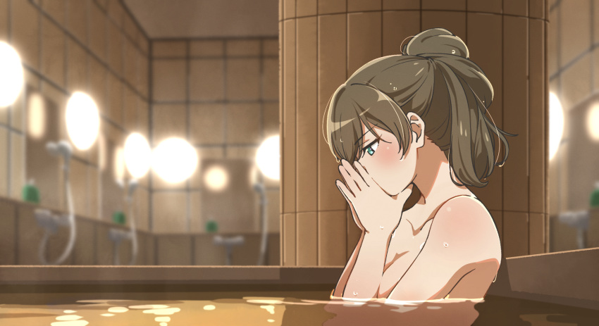 aqua_eyes bathing blush breasts brown_hair cleavage collarbone commentary_request covering_own_mouth female fuyuhino half_updo hibike!_euphonium highres indoors kuroe_mayu nude own_hands_together partially_submerged short_hair solo wet